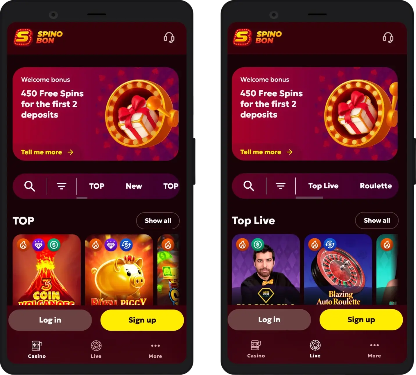Spinobon Casino mobile platform for playing on smartphones and tablets