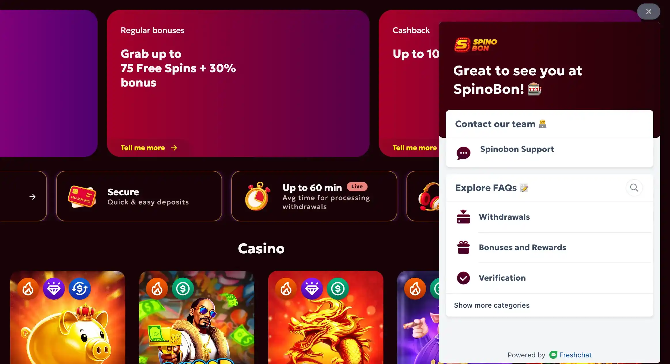 Contact Spinobon Casino help desk via live chat and email